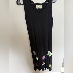 Black Sleeveless Maxi Sundress with Crew Neck Patchwork Bamboo Artsy Boho Size S